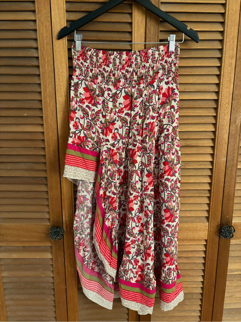 Floral High-Low Midi Skirt with Smocked Waist - Pink & Cream cotton size small